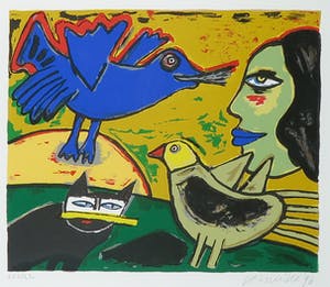 Corneille - Zeefdruk, Femme avec oiseau bleu - Ingelijst kopen? Bied vanaf 150!