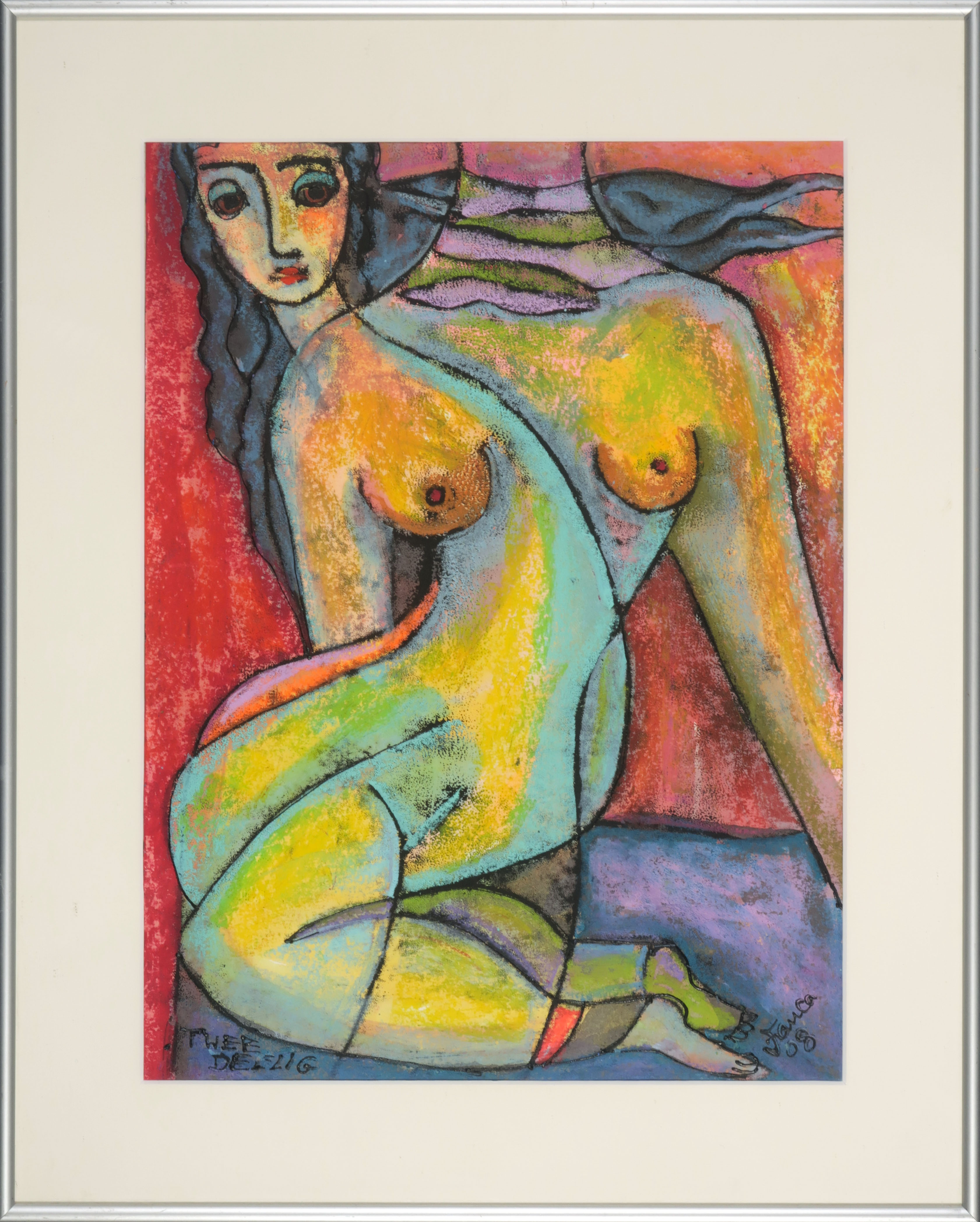 Franca Muller Jabusch - Gemengde techniek, o.a. krijt en acryl, Tweedelig - Ingelijst verkocht voor € 45!