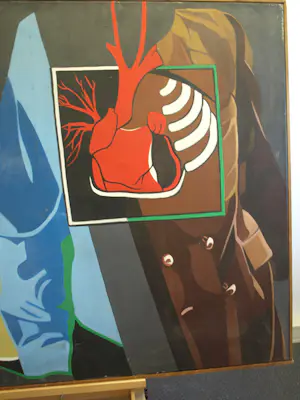 Robert Hallatu - Olieverf op doek , Molukse symboliek (?) met zelfportret – Lijst, 103 x 133 cm. kopen? Bied vanaf 250!