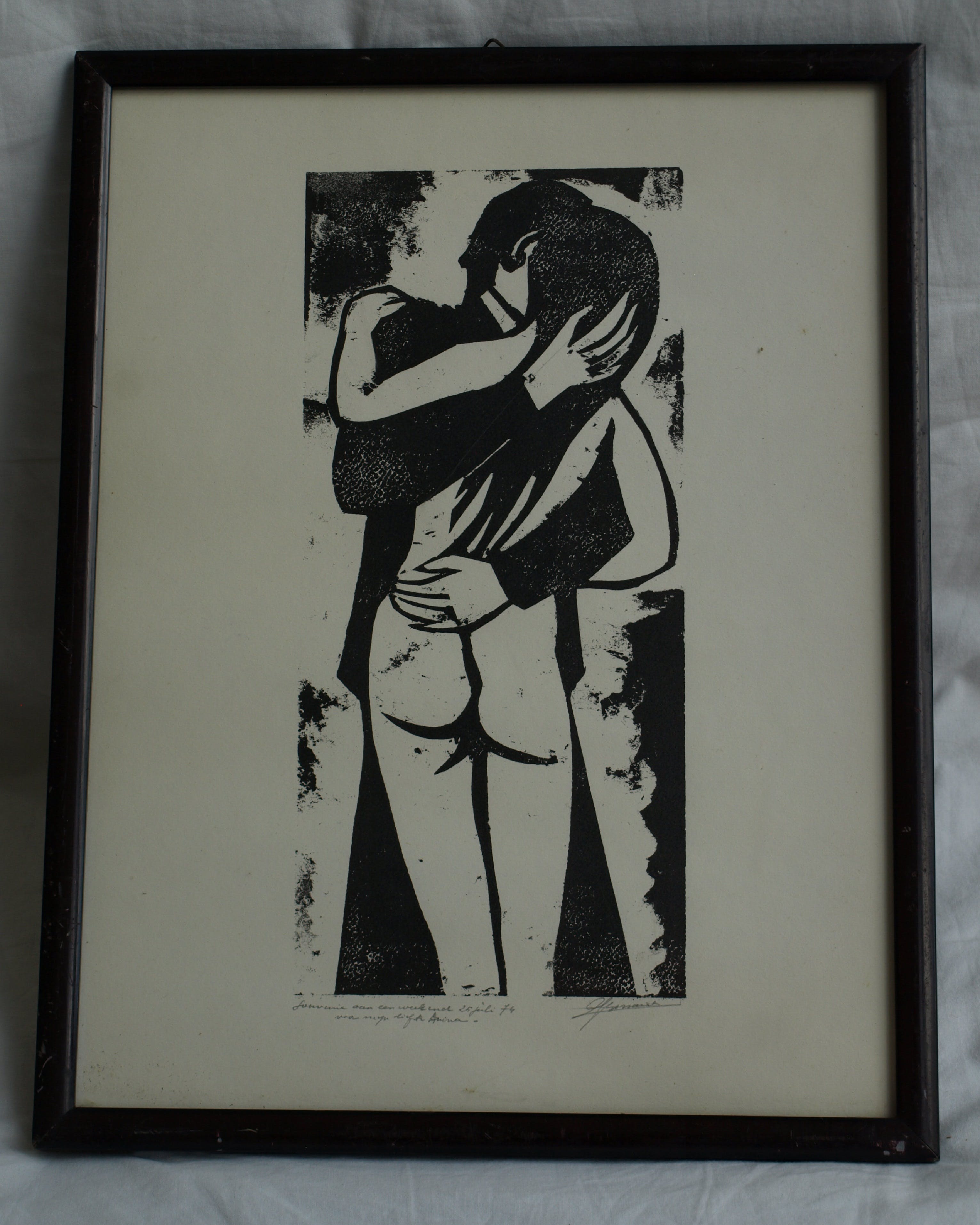 Jozef Bossaert - Kartonsnede , Kussend paar – ingelijst – 1974 kopen? Bied vanaf 15!