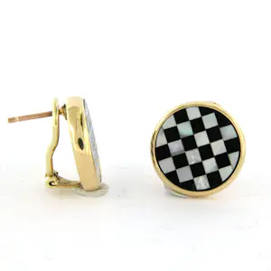 14k geel gouden oorclips bezet met onyx en parelmoer - 11.3 gram kopen? Bied vanaf 850!