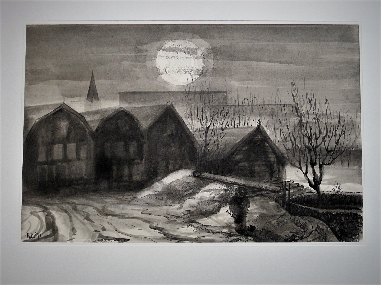 Theo Ros - Intrigerende Sepia "persoon in maanlicht in de sneeuw" gesigneerd kopen? Bied vanaf 1!