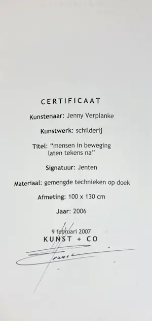 Jenny Verplanke - Gemengde techniek op doek, Mensen in beweging laten tekens na (Groot) kopen? Bied vanaf 250!