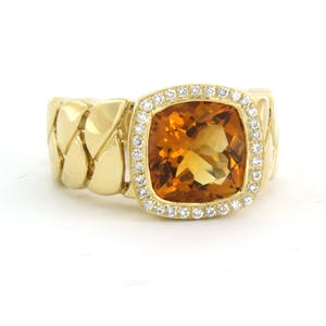 18k gouden ring bezet met citrien en aan entourage briljant geslepen diamant kopen? Bied vanaf 650!