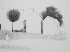 Metten Koornstra - Landschap met huizen en een meisje - Litho kopen? Bied vanaf 50!