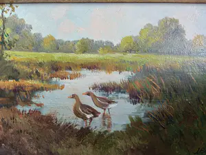 Niet of onleesbaar gesigneerd - 2 fraaie landschapsschilderijtjes met koeien en eenden kopen? Bied vanaf 1!