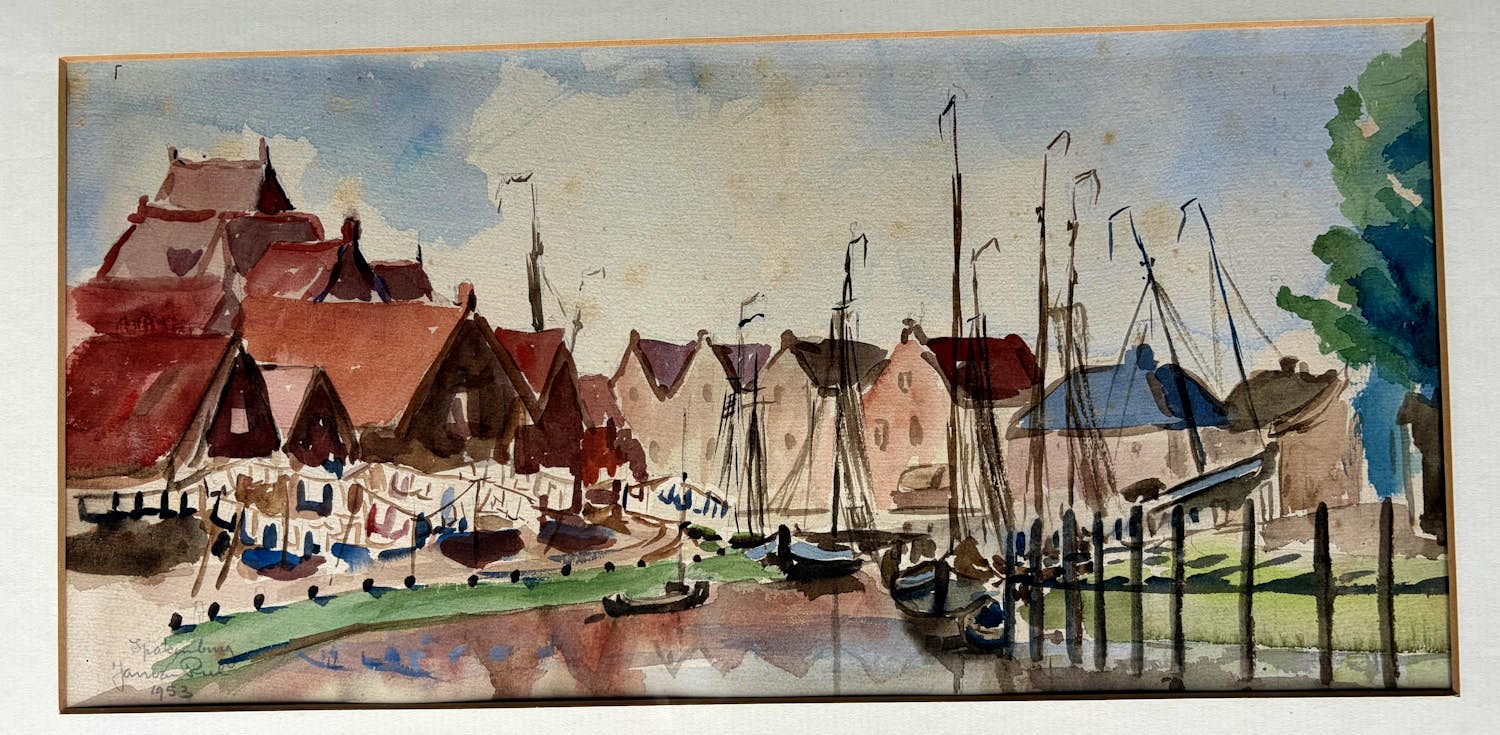 Jan van Riel - Aquarel van Jan van Riel uit 1953 van de haven van Spakenburg. kopen? Bied vanaf 85!