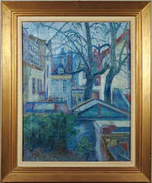 Herman Kuyt - Olieverf op doek, Gezicht op binnentuinen - Ingelijst verkocht voor € 100!