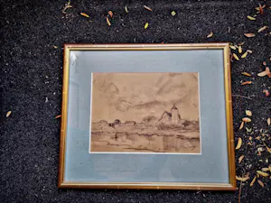 Niet of onleesbaar gesigneerd - Ca. 1930 gemaakte Houtskooltekening "dorp aan water" gesigneerd kopen? Bied vanaf 1!