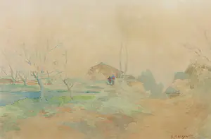 Banka Maruyama - Aquarel, Landschap met figuren - Ingelijst kopen? Bied vanaf 1!
