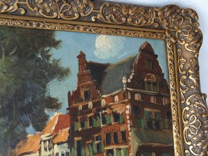 Niet of onleesbaar gesigneerd - Olieverf op paneel , Dorpsplein – gesigneerd & ingelijst - oud kopen? Bied vanaf 1!