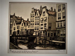 Henri Wils - handgekleurde houtgravure - Rotterdam Delftsche vaart - gesigneerd kopen? Bied vanaf 37!