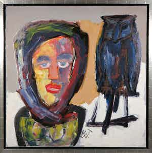 Martin van Wordragen - Olieverf op doek, Dame met Uil, Ingelijst (Groot) verkocht voor € 250!