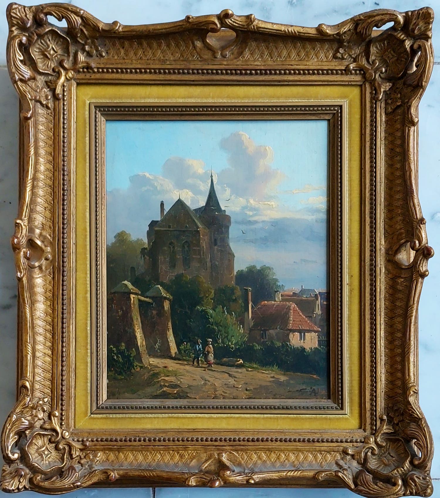 Adrianus Eversen - Hollands straatgezicht met personen bij een stadspoort verkocht voor € 3250!