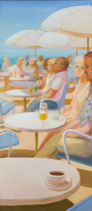 Willy Belinfante - Olieverf op doek, Onder de parasol met uitkijk op het water - Ingelijst kopen? Bied vanaf 200!