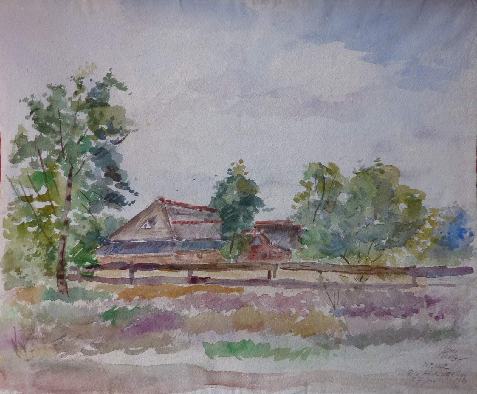 Han Krug - Aquarel "Heide Bij Hilversum" 27 Juli 1969 verkocht voor € 45!