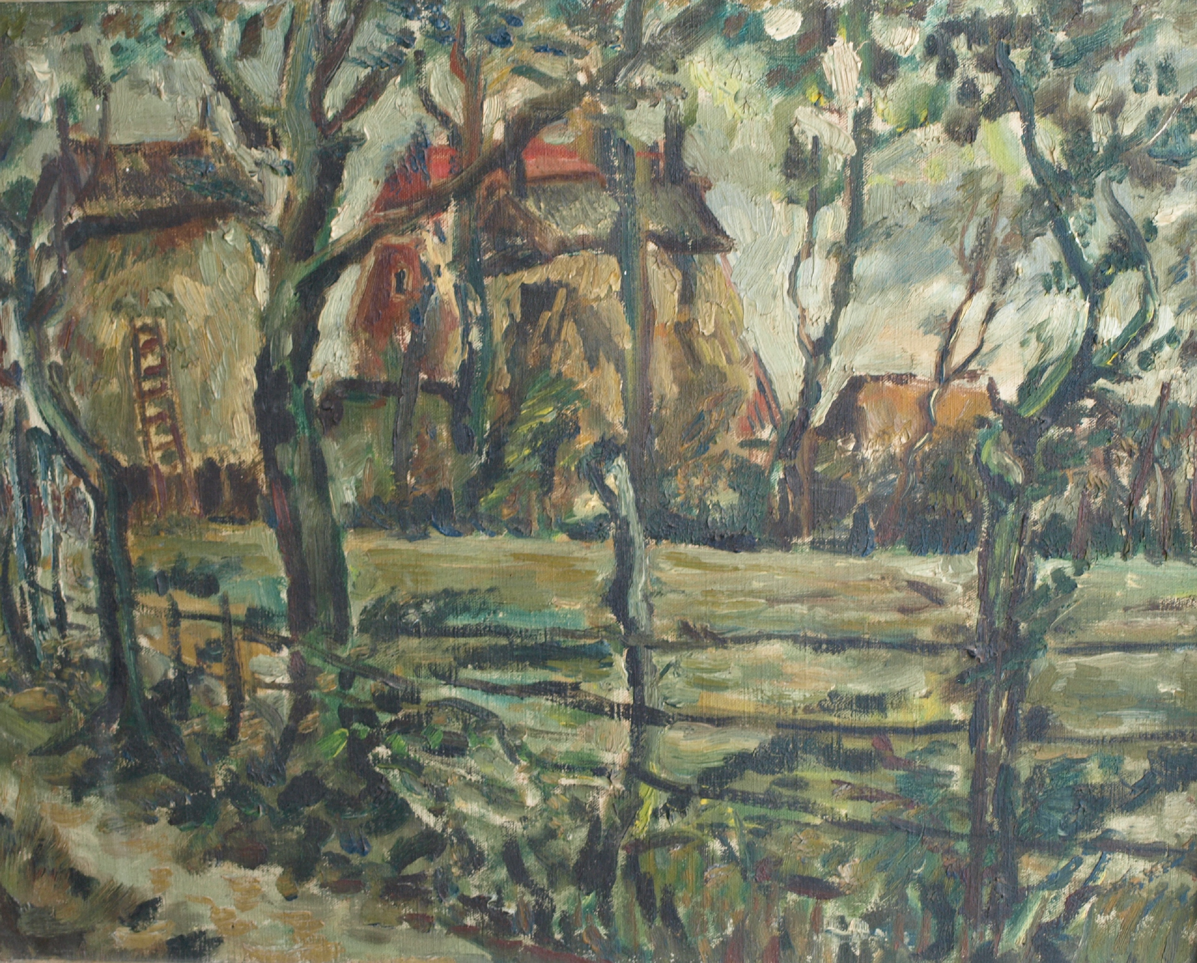 Niet of onleesbaar gesigneerd - Olieverf op doek , Boerderij – ingelijst  kopen? Bied vanaf 1!