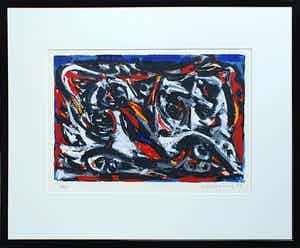 Theo Wolvecamp - Compositie in rood en blauw | Ingelijst verkocht voor € 195!