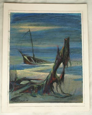 Klaas Pijlman - Oliepastelkrijt op papier , “Gezonken op het strand” – gesigneerd – 1967 kopen? Bied vanaf 10!