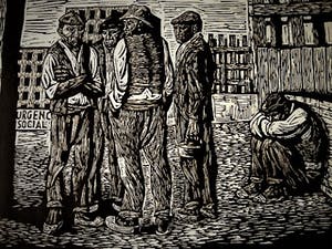 Ricardo Zamorano - Krachtige sociaal-realistische Houtsnede - "wachten op werk" gesigneerd kopen? Bied vanaf 30!