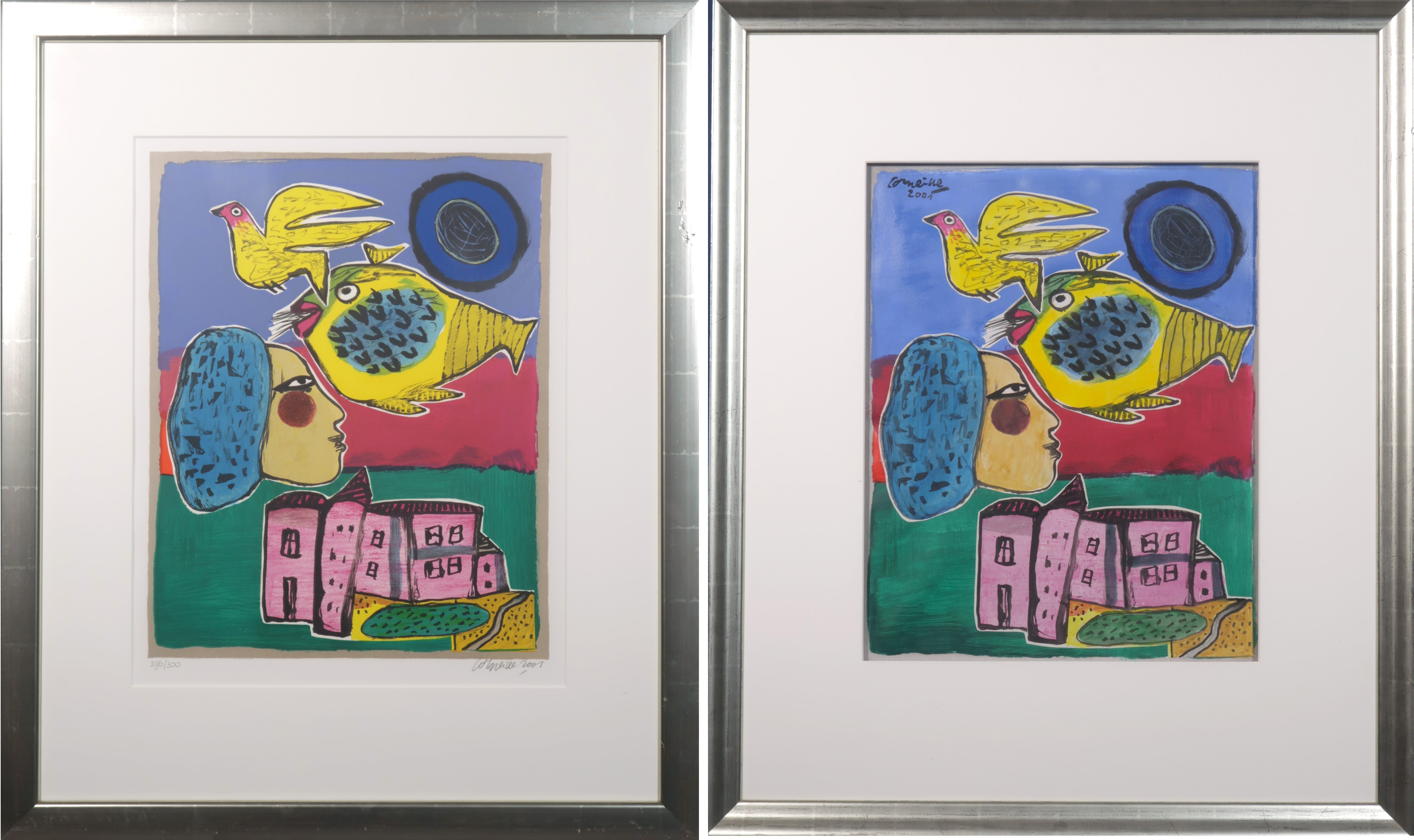 Corneille - Set: Gemengde technieken (origineel) met bijbehorende kleurenlitho - Ingelijst kopen? Bied vanaf 2500!