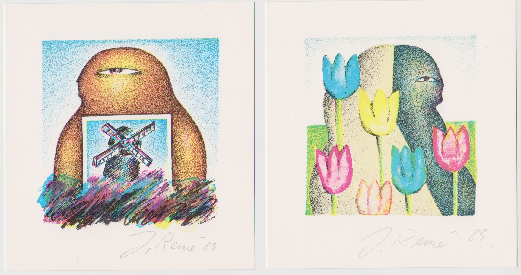 Jorg Reme - twee handgesigneerde lithografien: Figuur met Tulpen en Figuur met Molen kopen? Bied vanaf 19!