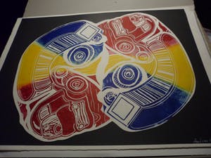 Frenk van Heeswijk - Linosnede, "Twee vrachtauto's" uit 1996 kopen? Bied vanaf 10!