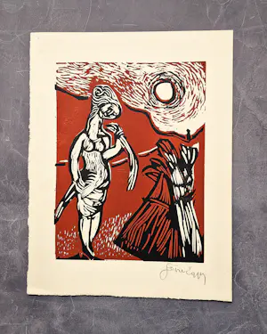 Gene Eggen - Jaren 60 kleuren houtsnede - vrouw in zomers landschap - gesigneerd kopen? Bied vanaf 40!