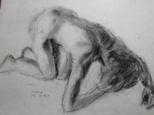 Niet of onleesbaar gesigneerd - potlood tekening van Schuilend naakt figuur kopen? Bied vanaf 1!