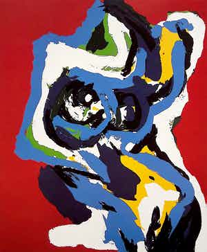 Karel Appel - Sitting under a blazing sun, zeefdruk (zeer mooi ingelijst, groot) verkocht voor € 1795!