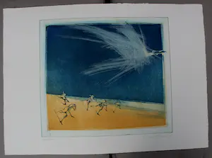 Ronald Tolman - Kleuren ets: Compositie met mensen en een vliegende vogel - 1995 kopen? Bied vanaf 89!
