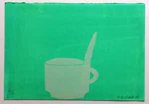 Klaas Gubbels - houtdruk met acryl ondergrond ‘ wit kopje’. verkocht voor € 275!