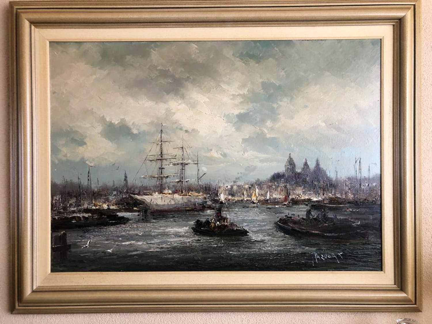 Jan Bevort - Driemaster op het IJ in Amsterdam bij Sint Nicolaaskerk verkocht voor € 400!