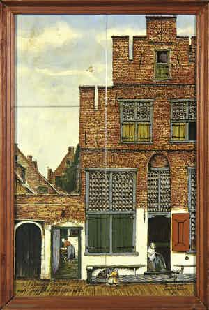 Nederlands Keramische Industrie (N.K.I.) - Tegeltableau, 't Straatje van Vermeer - Ingelijst verkocht voor € 1!