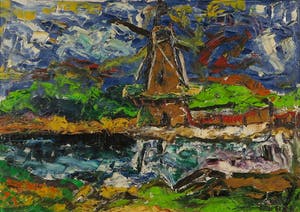 Niet of onleesbaar gesigneerd - Olieverf op doek, Landschap met molen - Ingelijst kopen? Bied vanaf 1!