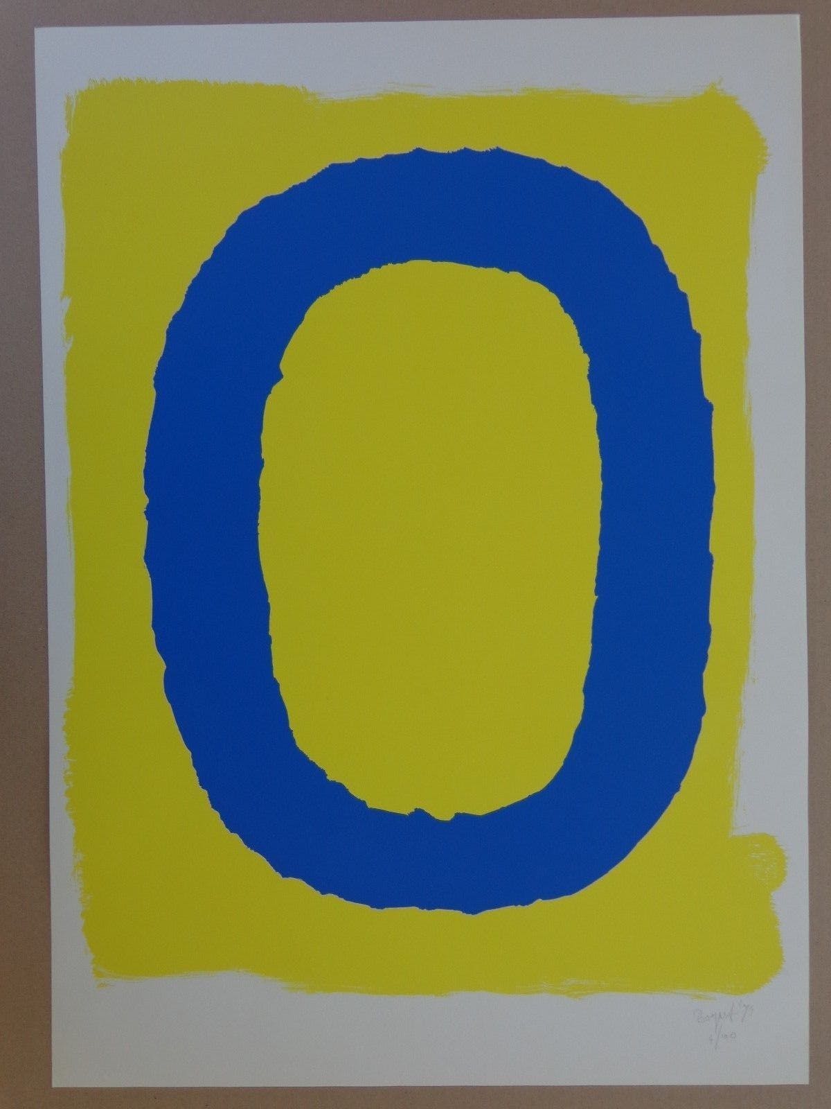 Bram Bogart - BLAUW-GELE ABSTRACTIE / KLEURLITHO / 72x52cm / SIG 74 verkocht voor € 210!