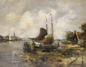 H. Noordam - Olieverf op doek, Aangemeerde boten - Ingelijst kopen? Bied vanaf 1!