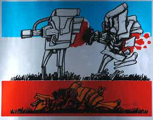 Shinkichi Tajiri - Zeefdruk op zilverkleurige ondergrond, Mayday verkocht voor € 50!