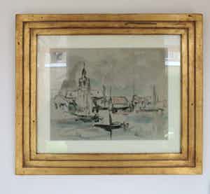 Johan Hendrik van Mastenbroek - Voorstudie Aquarel Dorpje aan het Water verkocht voor € 500!