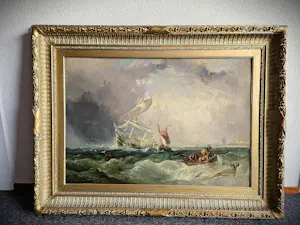 AcheterNiet of onleesbaar gesigneerd - Groot 18e eeuws marine olieverf "schipbreuk voor Hollandse kust" met monogram? Enchérissez de 70!