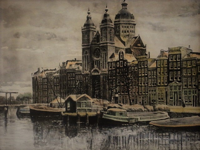 Niet of onleesbaar gesigneerd - Grote kleurenets "Amsterdam Prins Hendrikkade en Nicolaaskerk"  verkocht voor € 1!