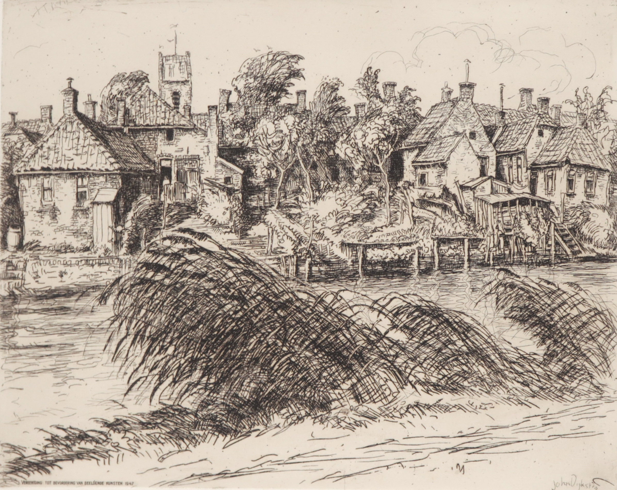 Johan Dijkstra - Ets, Dorpslandschap, 1947 kopen? Bied vanaf 1!