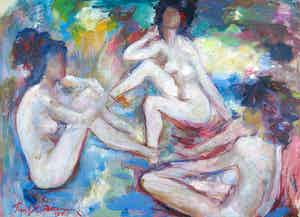 Paul Daenen - Gemengde techniek op papier, Zittende naakten - Ingelijst verkocht voor € 1!