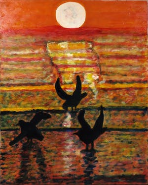 Pieter Haan - Acryl op doek, Zonsondergang met vogels Groot) kopen? Bied vanaf 1!