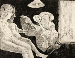 Co Westerik - ets, 'Naakt paar met verschijning', 1971 (PRENT 190) verkocht voor € 250!