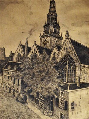 Alex Boom - Gesigneerde Ets - Amsterdam - Oudekerksplein OudezijdsvoorburgWal - man met kar kopen? Bied vanaf 10!