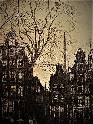 Pol Dom - Sfeervolle droge naald Ets "Amsterdam huizen aan de Noordermarkt" gesigneerd kopen? Bied vanaf 20!