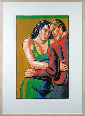 Leon Janssen - Houtsnede, Paar op oker (tête à tête) - Ingelijst kopen? Bied vanaf 1!