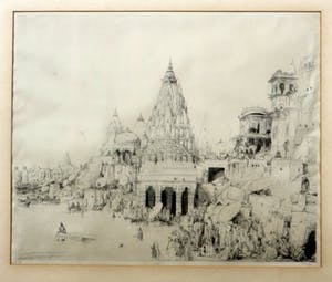 Marius Bauer - Gezicht op de Ganges met badende mensen met tempel op de achtergrond. kopen? Bied vanaf 250!