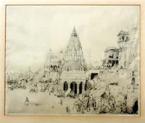 Marius Bauer - Gezicht op de Ganges met badende mensen met tempel op de achtergrond. verkocht voor € 250!